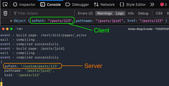 a comparison screenshot of client vs server print value of NextJS router asPath